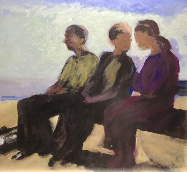 'Three Figures on a Bench' (2014). Oil on Board. 71cm x 90cm. SOLD