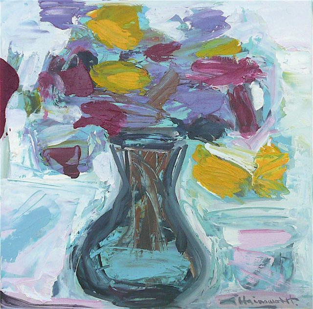 'Carafe with Flowers' (1993) by George Hainsworth. Oil on Board. 39cm x 39cm. £1100