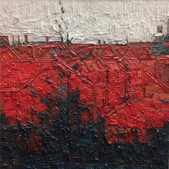 'Red Cityscape with Tree'. Oil on Board. 66cm x 66cm. SOLD