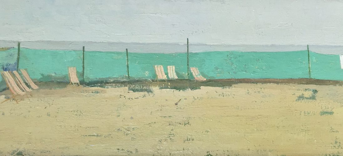 'Deckchairs and Windbreak'. 22cm x 61cm. Oil on Canvassed Board. SOLD