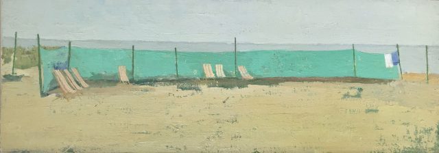 'Deckchairs and Windbreak'. 22cm x 61cm. Oil on Canvassed Board. SOLD