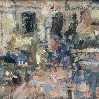'Shopping Break - Brucciani’s Cafe' (2016). Oil on Board. 25cm x 31cm behind non-reflective glass. SOLD