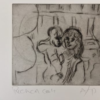 'Partou with Theo'. Drypoint Etching. Artist's Proof. 14cm x 13cm. Framed behind Clarity non-reflective glass. POA