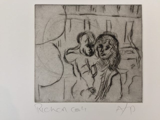 'Partou with Theo'. Drypoint Etching. Artist's Proof. 14cm x 13cm. Framed behind Clarity non-reflective glass. POA