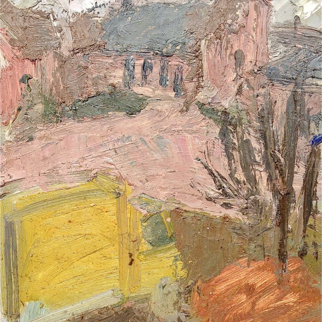 'Blenheim Church with Yellow Van' (1994). Oil on Board. 46cm x 35cm. POA