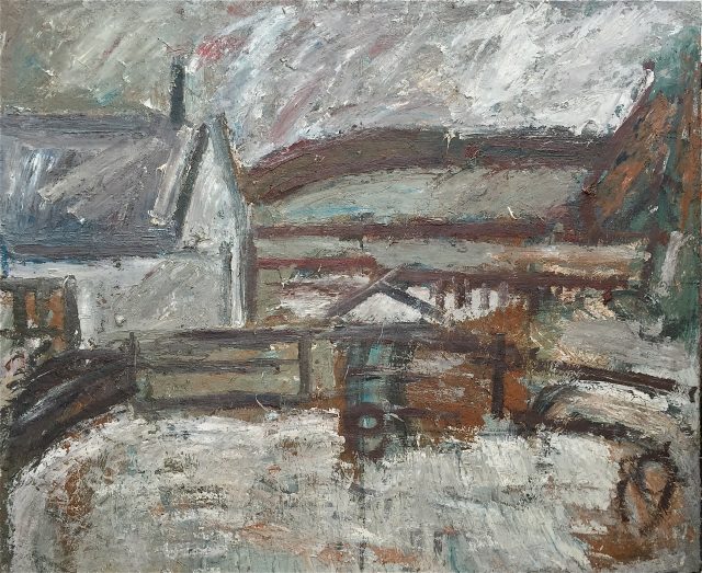 'Newlyn from North Corner - Winter Morning' (1987). 153cm x 184cm. Oil on Canvas. SOLD