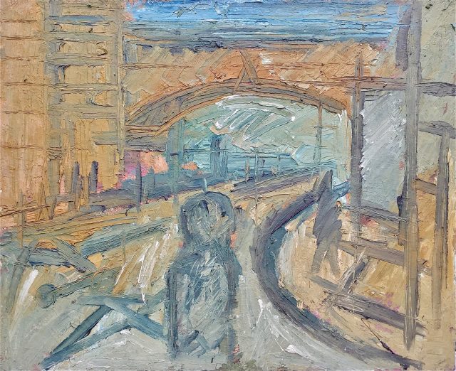 'Railway Bridge - Gospel Oak' (1985). Oil on Board. 107cm x 132cm. SOLD