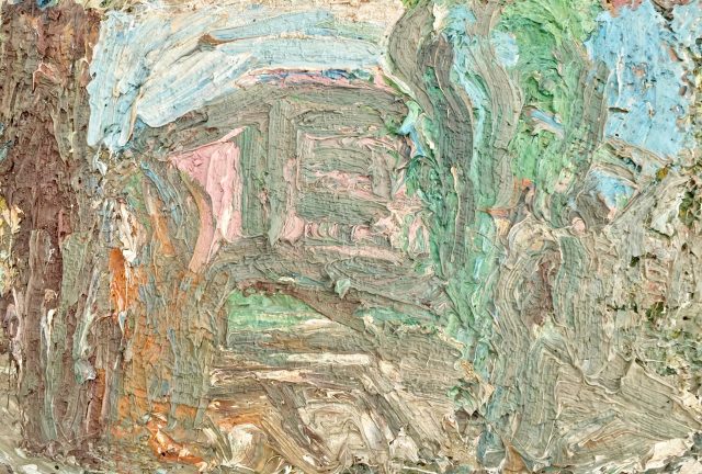 'Small Landscape with Pink Building' (1996). Oil on Board. 21cm x 31cm. SOLD