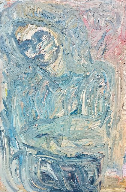 'Partou Wearing Blue' (1999). 122cm x 82cm. Oil on Board. SOLD