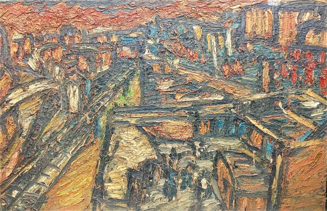'Winter Sunset over Dalston Junction' (1972). 130cm x 200cm. SOLD